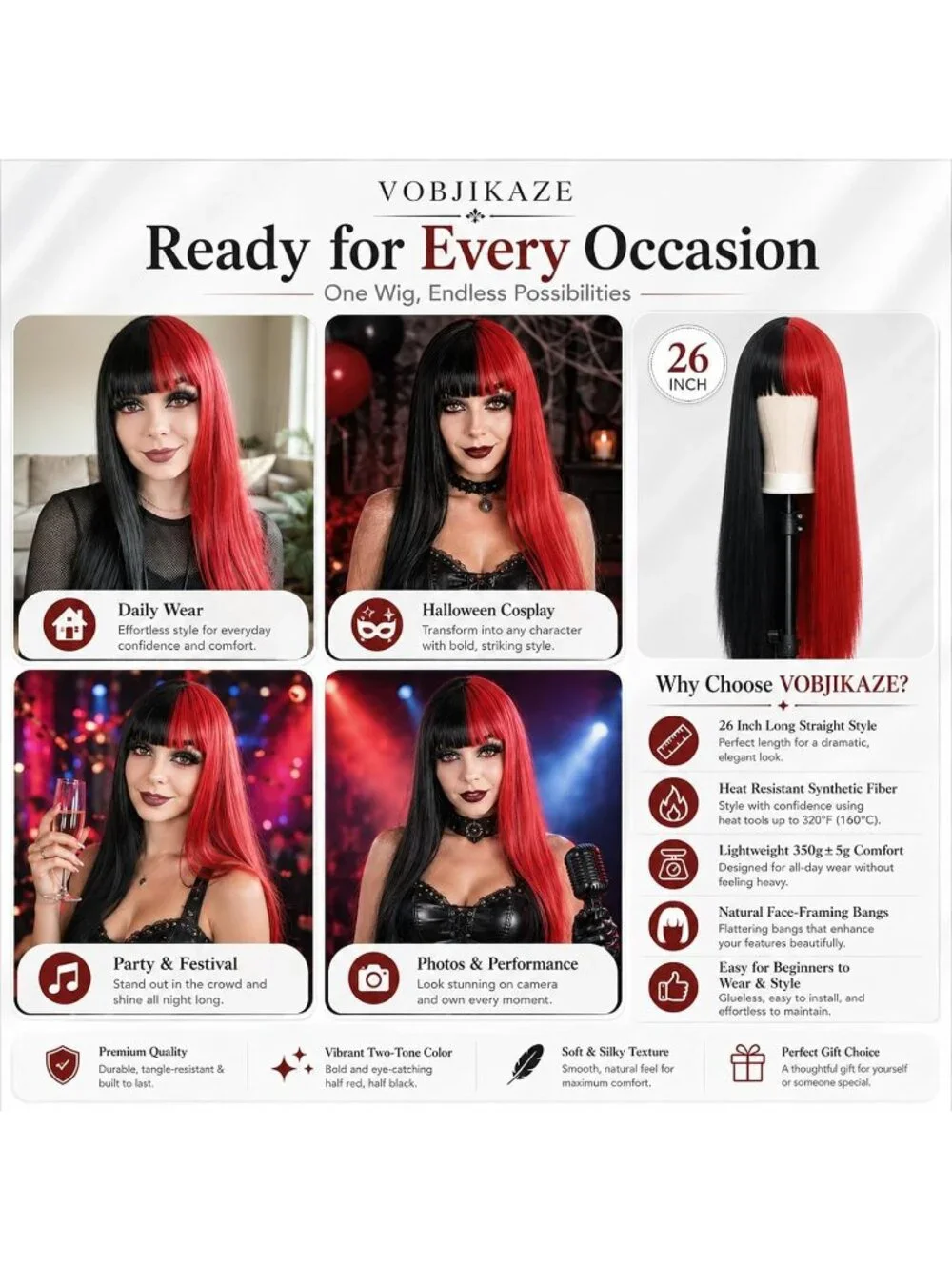 Women's Red Black 26 Inch Heat Resistant Synthetic Long Straight Wigs Bangs